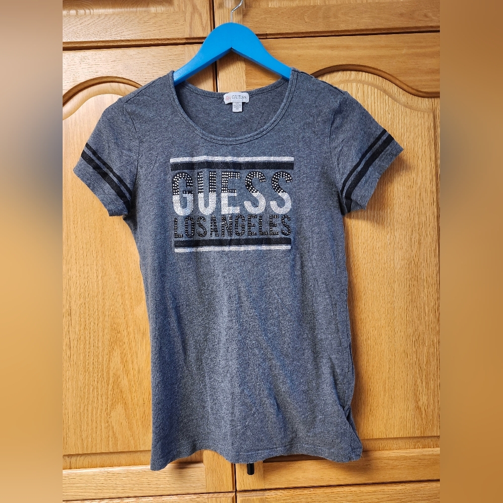 Womens Guess T Shirt Grey w Rhinestones Size L 100% Cotton